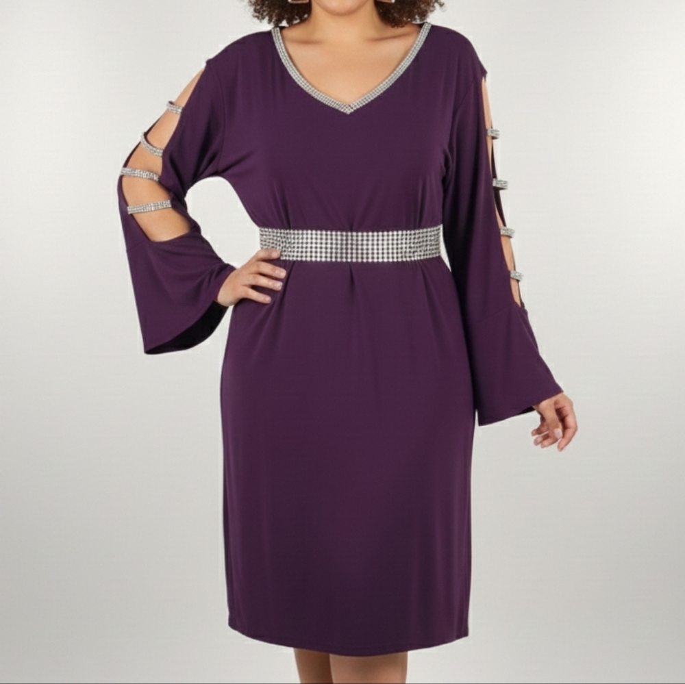 [[MSK]] Women's Long Sleeve Purple Dress Rhinestone Details
